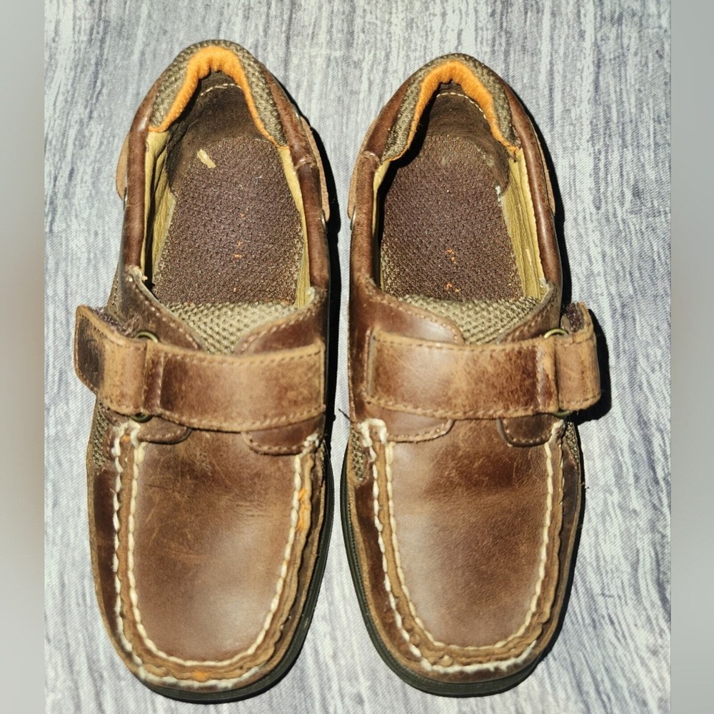 Sperry Boys Brown Leather Boat Shoes Moccasins Casual Hook Loop Closure‎